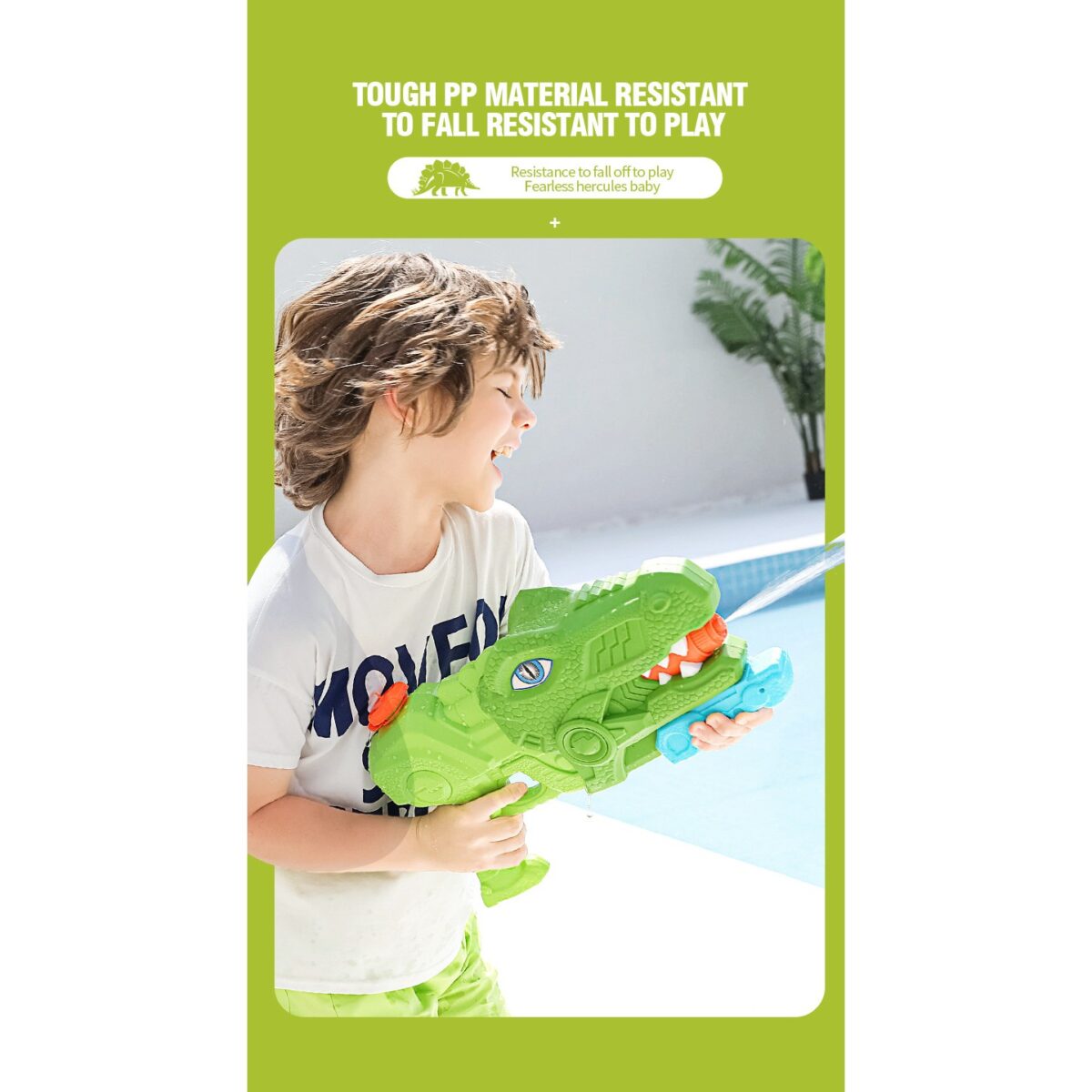 Pistol cu Apa pentru Copii, Rezervor, Pentru Piscina/Plaja, Embo, 6ani+, Tiranozaur, 3 duze, Verde, 660ML - imagine 4