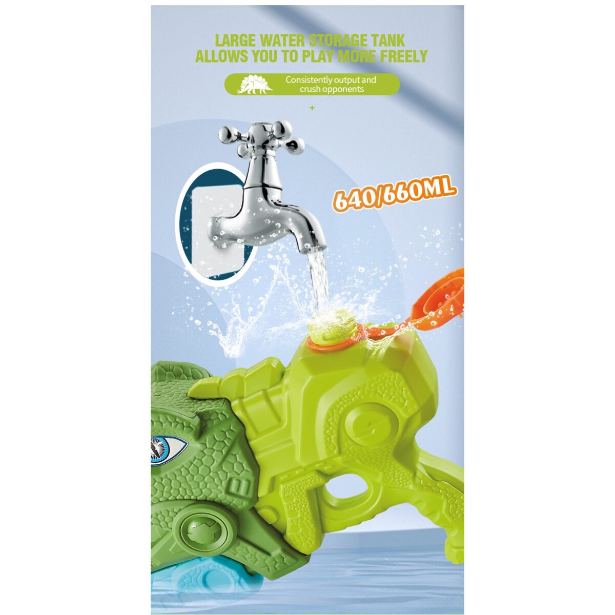 Pistol cu Apa pentru Copii, Rezervor, Pentru Piscina/Plaja, Embo, 6ani+, Tiranozaur, 3 duze, Verde, 660ML - imagine 6