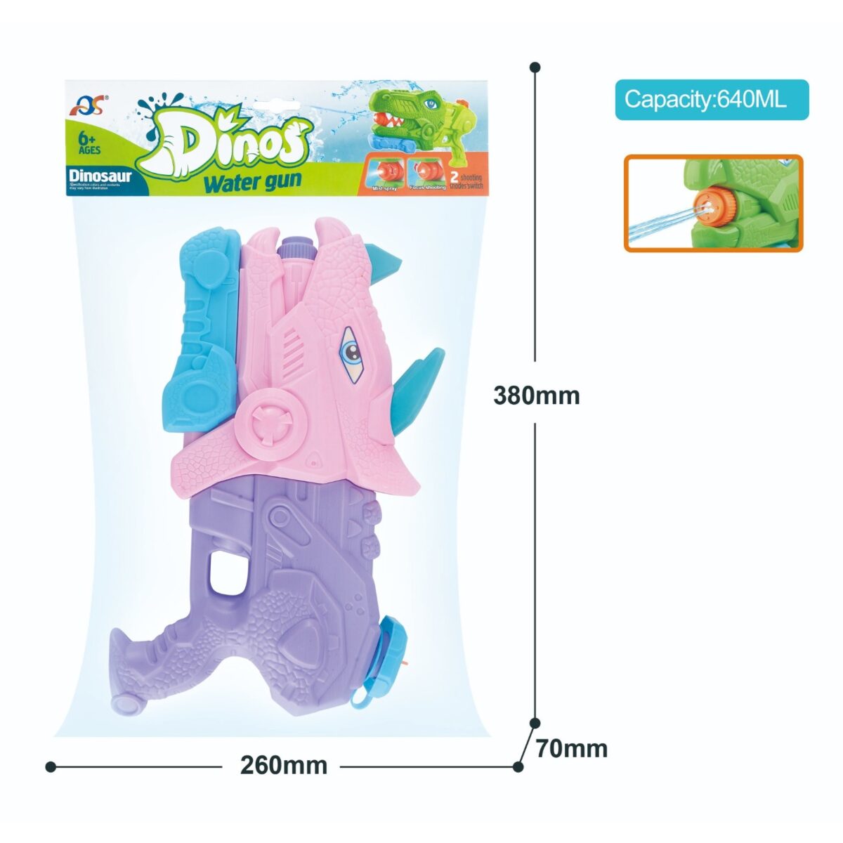 Pistol cu Apa pentru Copii, Rezervor, Pentru Piscina/Plaja, Embo, 6ani+, Triceratops, 3 duze, Roz, 640ML - imagine 4