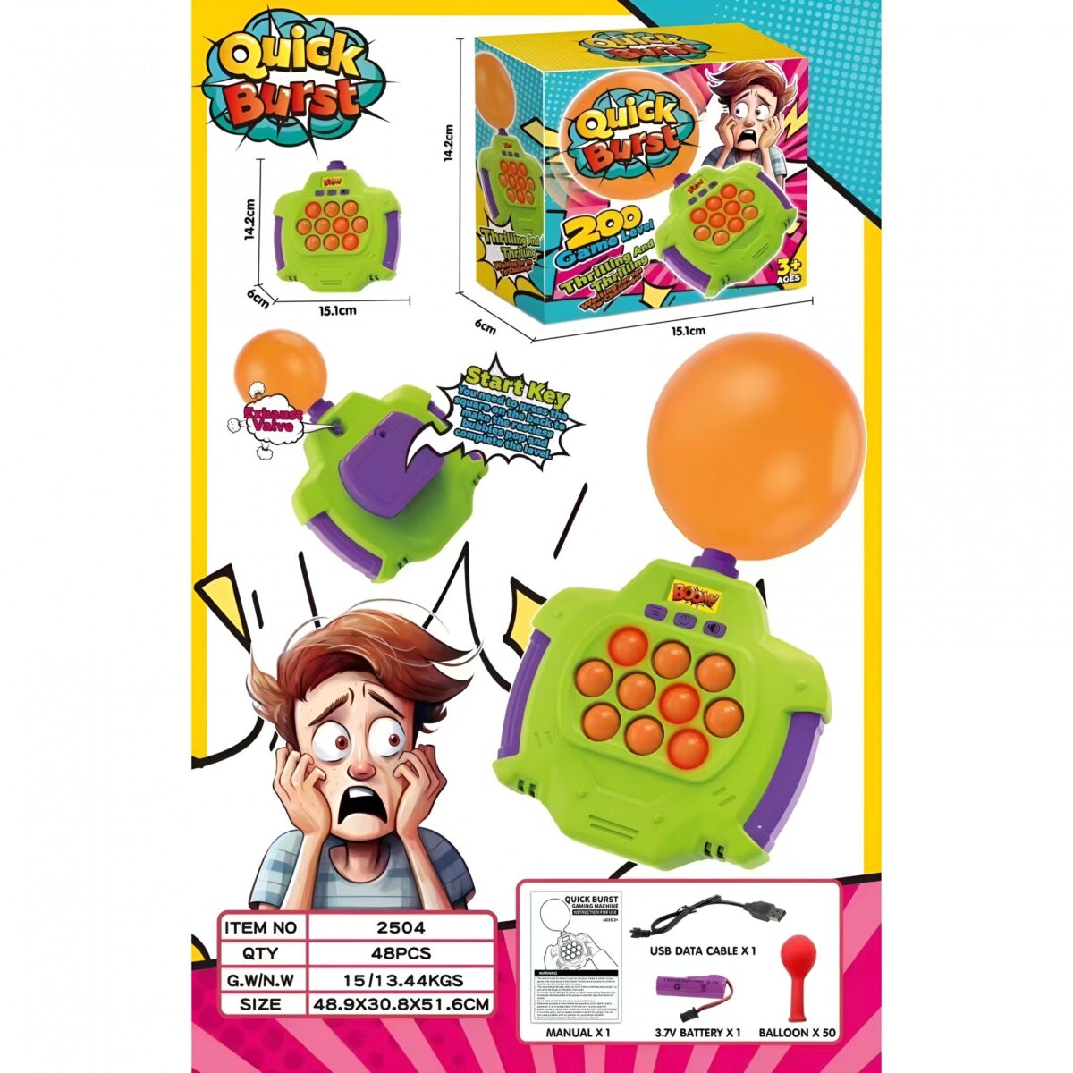Joc Pop-It Antistres, Embo, Electronic, 50 de Baloane, Muzica, 2 Moduri de Joc, Nivel Maxim 200, 14.5x13.5x5.7cm, Verde - imagine 3