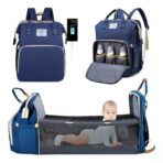 Rucsac Multifunctional pentru Mamici, Embo, cu Patut Pliabil si Baza de Schimbat, Rezistent la Apa, Capacitate Mare, Usor, Compartimente Multiple, Buzunar Termic pentru Lapte, 42 x 32 x 22 cm, Albastru Inchis - imagine 4