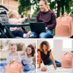 Rucsac Multifunctional pentru Mamici, Embo, cu Patut Pliabil si Baza de Schimbat, Rezistent la Apa, Capacitate Mare, Usor, Compartimente Multiple, Buzunar Termic pentru Lapte, 42 x 32 x 22 cm, Roz Pudra - imagine 2