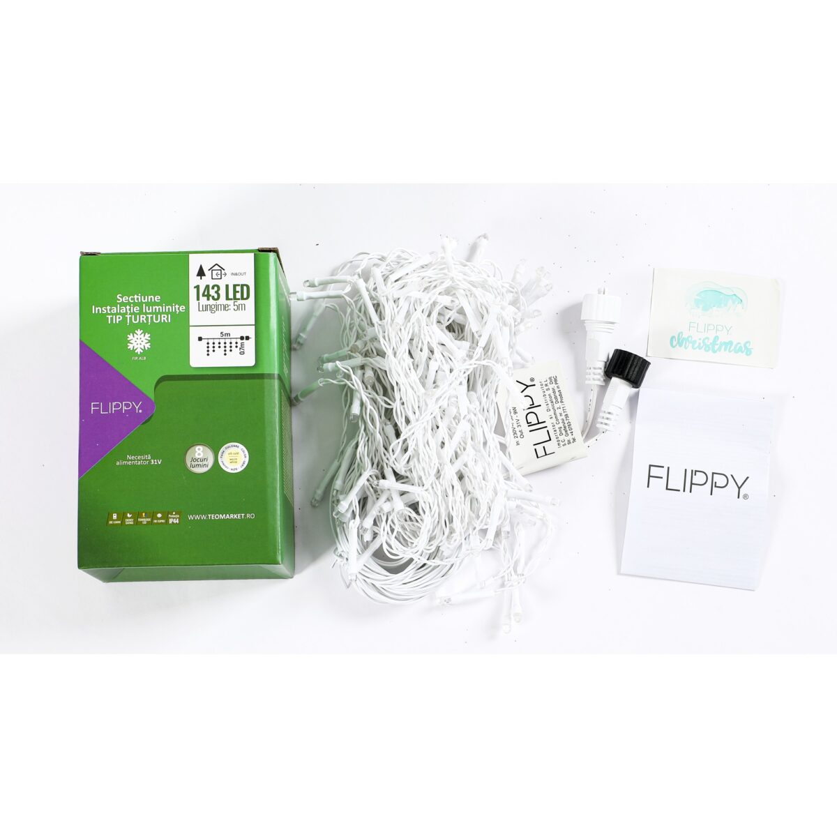 Sectiune de Craciun Embo® Tip Turturi, 8 jocuri de lumini Sectiu 5 m, 143 LED-uri, Interconectabila, Fir Alb, Alb Cald - imagine 2