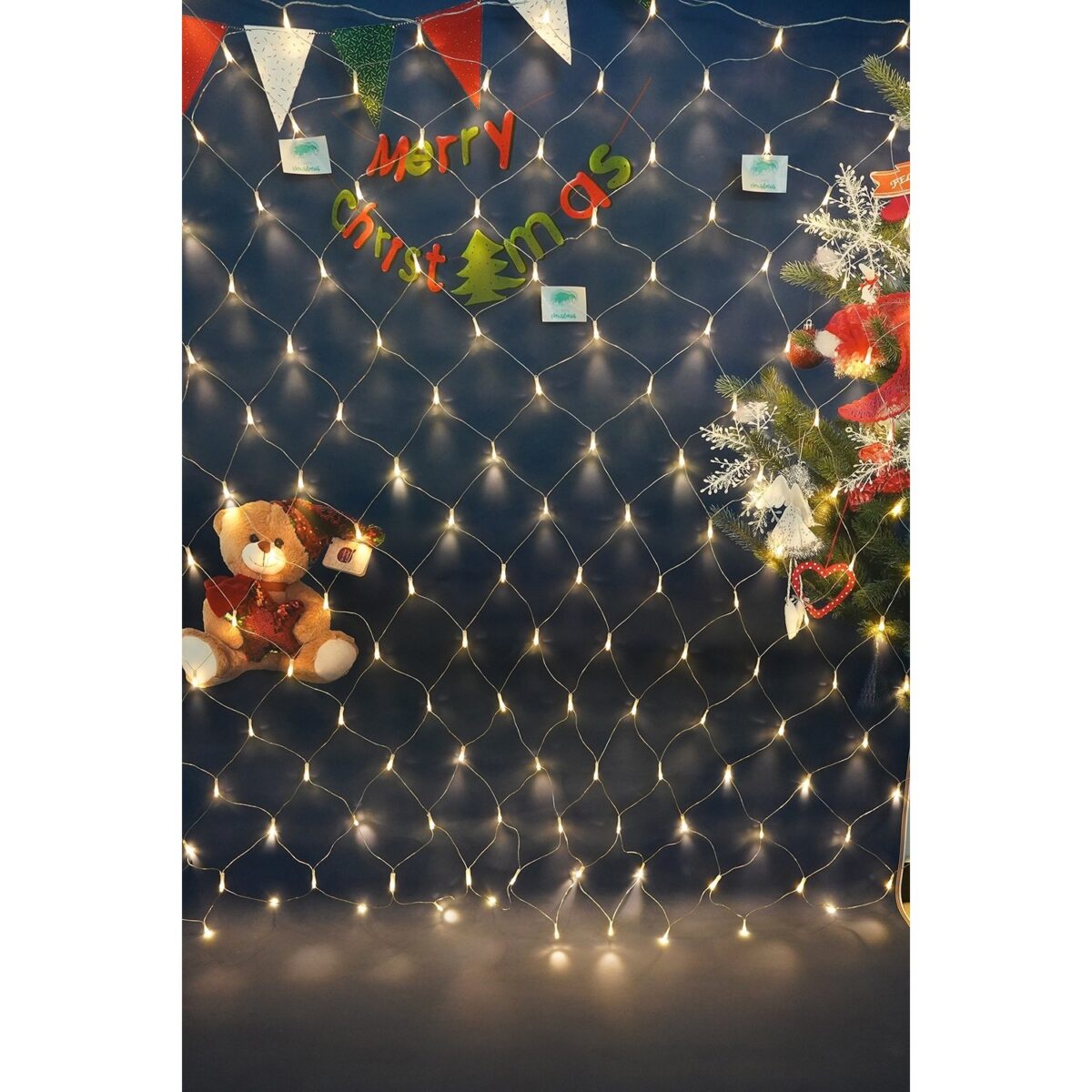 Sectiune Instalatie de Craciun Embo, Tip Plasa, 120 LED-uri, 1.5 x 1.5 m, 8 jocuri de lumini, Interconectabila, Fir transparent, Alb cald - imagine 2