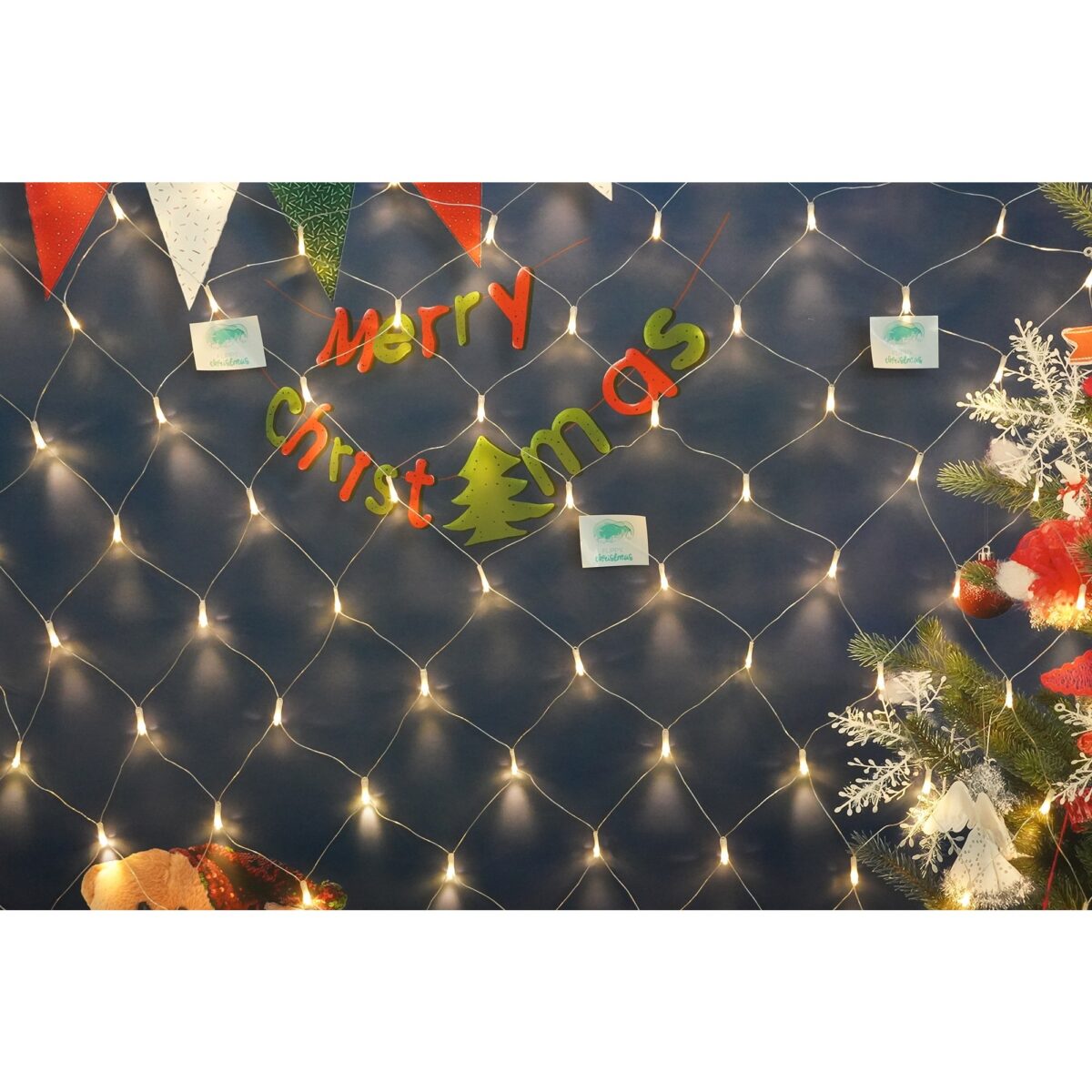 Sectiune Instalatie de Craciun Embo, Tip Plasa, 80 LED-uri, 2 m x 1 m, 8 jocuri de lumini, Interconectabila, Fir transparent, Alb cald - imagine 3