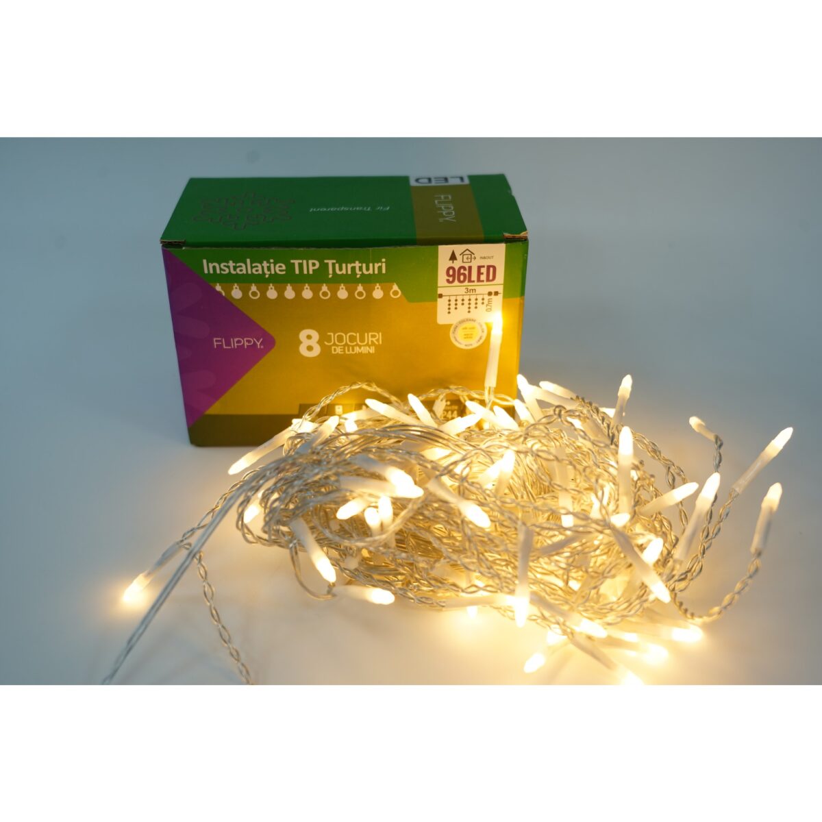 Sectiune Instalatie de Craciun Embo® Tip Turturi, 8 jocuri de lumini 3 m, 96 LED-uri, Interconectabila, Fir Transparent, Alb Cald, Atentie! nu contine alimentator - imagine 5