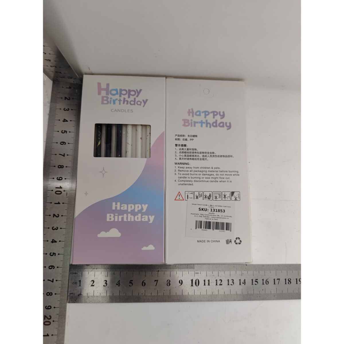 Set 6 Lumanari Lungi, Embo, din Parafina, 10 x 0.5 cm, Happy Birthday, Alb/Negru - imagine 2