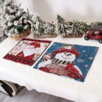 Servet de Masa, Embo, Model Om de Zapada si Ninsoare, Tematica Craciun, Prosop pentru Masa, Bumbac si Fibre Sintetice, 43x33 cm, Albastru - imagine 6
