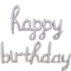 Set 10 Baloane din Folie Metalizata, Embo, Figurine Litere, Model Scris de Mana Happy Birthday, Tema Aniversare, 40 cm, Ambalaj Individual, Pai Inclus, Umflare cu Aer sau Heliu, Argintiu - imagine 5