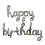 Set 10 Baloane din Folie Metalizata, Embo, Figurine Litere, Model Scris de Mana Happy Birthday, Tema Aniversare, 40 cm, Ambalaj Individual, Pai Inclus, Umflare cu Aer sau Heliu, Argintiu