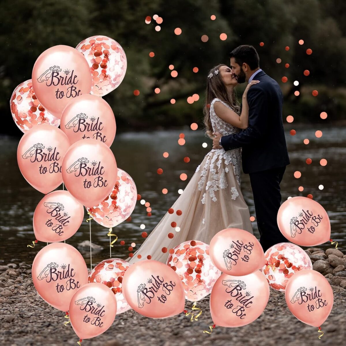 Set 10 Baloane din Latex, Embo, Model Party Bride To Be, 30 cm, 2.8 g, Transparent, cu Confetti, Roz - imagine 3