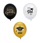 Set 10 Baloane din Latex Metalizate, Embo, Model Absolvire, Negru Auriu Alb, 23 cm, 1.4 g