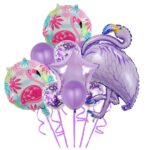 Set Baloane party aniversare, Embo, din Folie de aluminiu si Latex, set din 10 baloane Flamigo Party, 1 stea, 5 baloane latex, 2 rotunde, 60 -90 cm, Mov