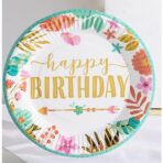 Set 10 Farfurii Unica Folosinta, Embo, Imprimeu Happy Birthday Frunze, din Carton, Diametru 18 cm, Multicolor - imagine 3