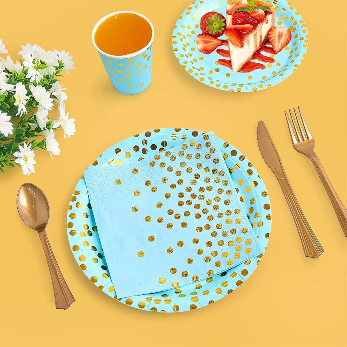 Set 10 Farfurii Unica Folosinta, Embo, Imprimeu cu Buline, din Carton, Diametru 18 cm, Albastru/Auriu - imagine 4