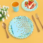 Set 10 Farfurii Unica Folosinta, Embo, Imprimeu cu Buline, din Carton, Diametru 18 cm, Albastru/Auriu - imagine 4
