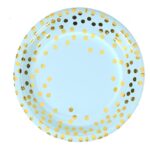 Set 10 Farfurii Unica Folosinta, Embo, Imprimeu cu Buline, din Carton, Diametru 18 cm, Albastru/Auriu