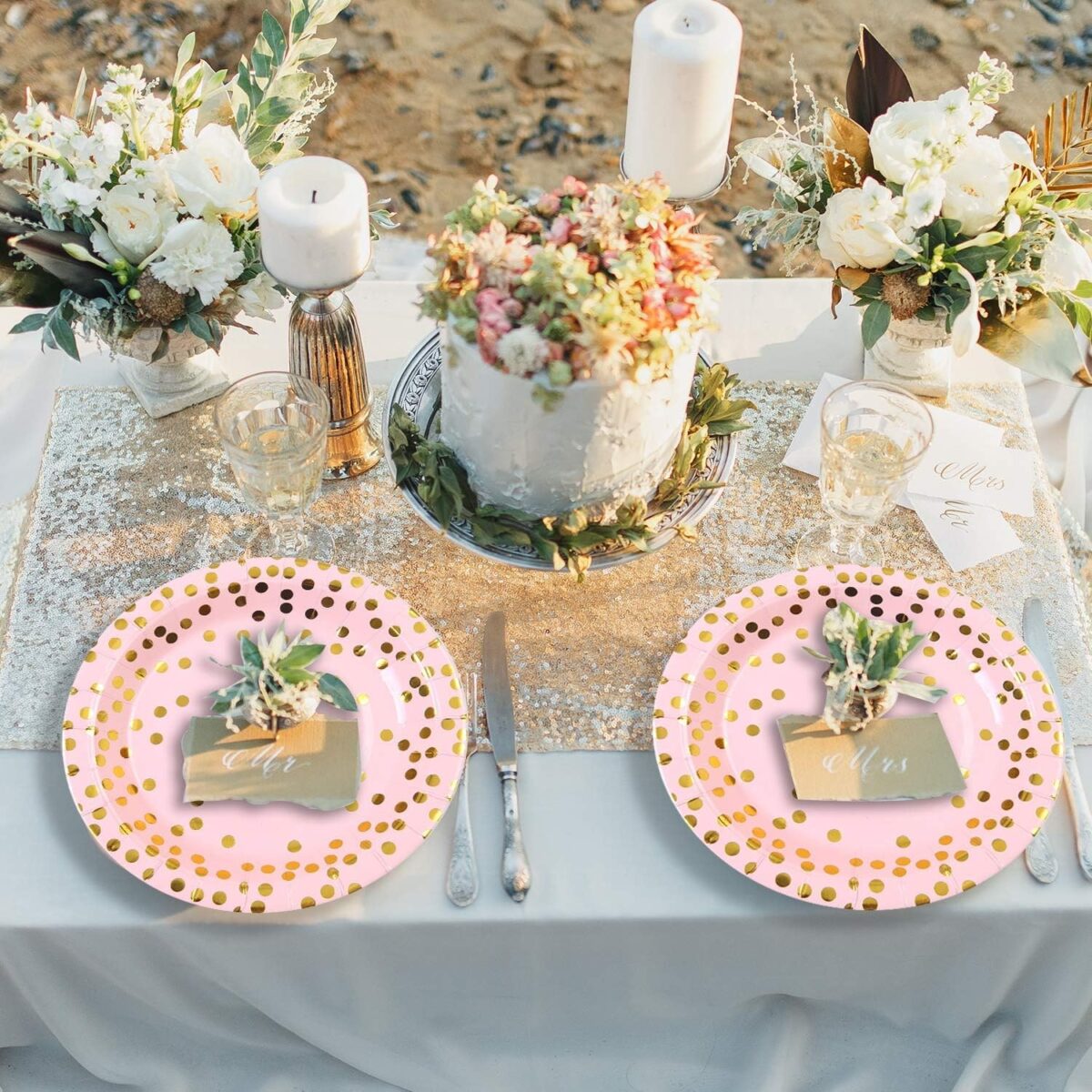 Set 10 Farfurii Unica Folosinta, Embo, Imprimeu cu Buline, din Carton, Diametru 18 cm, Roz/Auriu - imagine 2