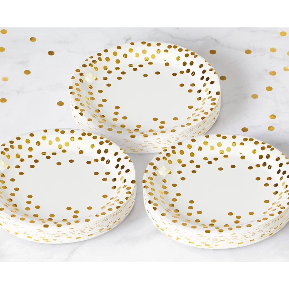 Set 10 Farfurii Unica Folosinta, Embo, Imprimeu cu Buline, din Carton, Diametru 23 cm, Alb/Auriu - imagine 3