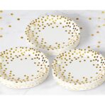 Set 10 Farfurii Unica Folosinta, Embo, Imprimeu cu Buline, din Carton, Diametru 23 cm, Alb/Auriu - imagine 3