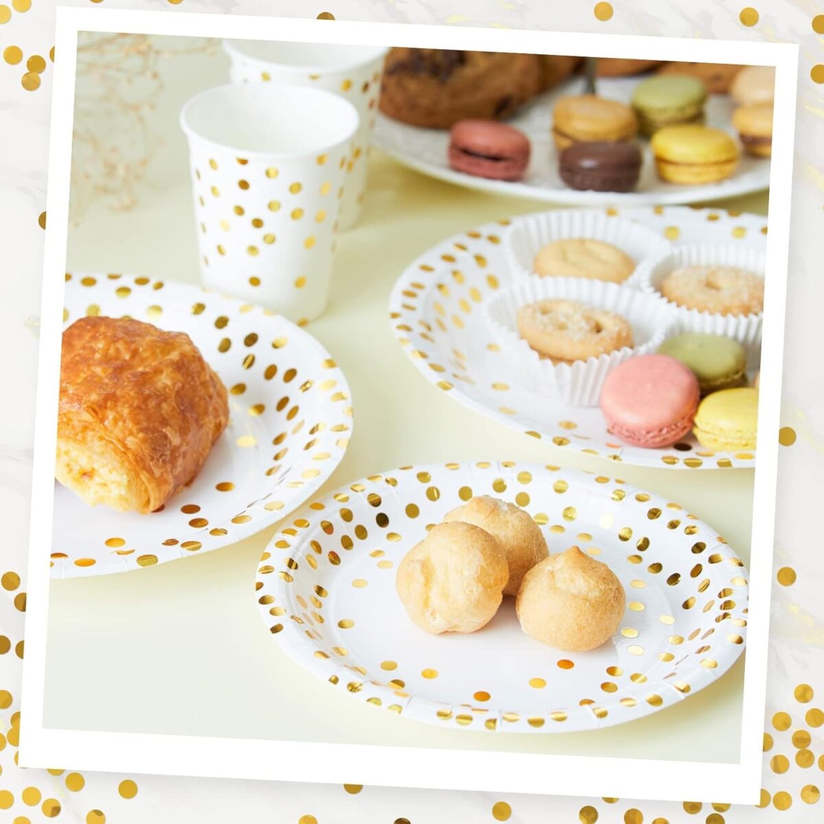 Set 10 Farfurii Unica Folosinta, Embo, Imprimeu cu Buline, din Carton, Diametru 23 cm, Alb/Auriu - imagine 5