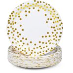 Set 10 Farfurii Unica Folosinta, Embo, Imprimeu cu Buline, din Carton, Diametru 23 cm, Alb/Auriu