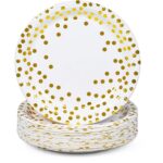 Set 10 Farfurii Unica Folosinta, Embo, Imprimeu cu Buline, din Carton, Diametru 23 cm, Alb/Auriu