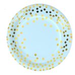 Set 10 Farfurii Unica Folosinta, Embo, Imprimeu cu Buline, din Carton, Diametru 23 cm, Albastru/Auriu