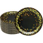 Set 10 Farfurii Unica Folosinta, Embo, Imprimeu cu Buline, din Carton, Diametru 23 cm, Negru/Auriu - imagine 4