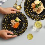 Set 10 Farfurii Unica Folosinta, Embo, Imprimeu cu Buline, din Carton, Diametru 23 cm, Negru/Auriu - imagine 5