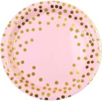 Set 10 Farfurii Unica Folosinta, Embo, Imprimeu cu Buline, din Carton, Diametru 23 cm, Roz/Auriu