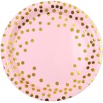 Set 10 Farfurii Unica Folosinta, Embo, Imprimeu cu Buline, din Carton, Diametru 23 cm, Roz/Auriu