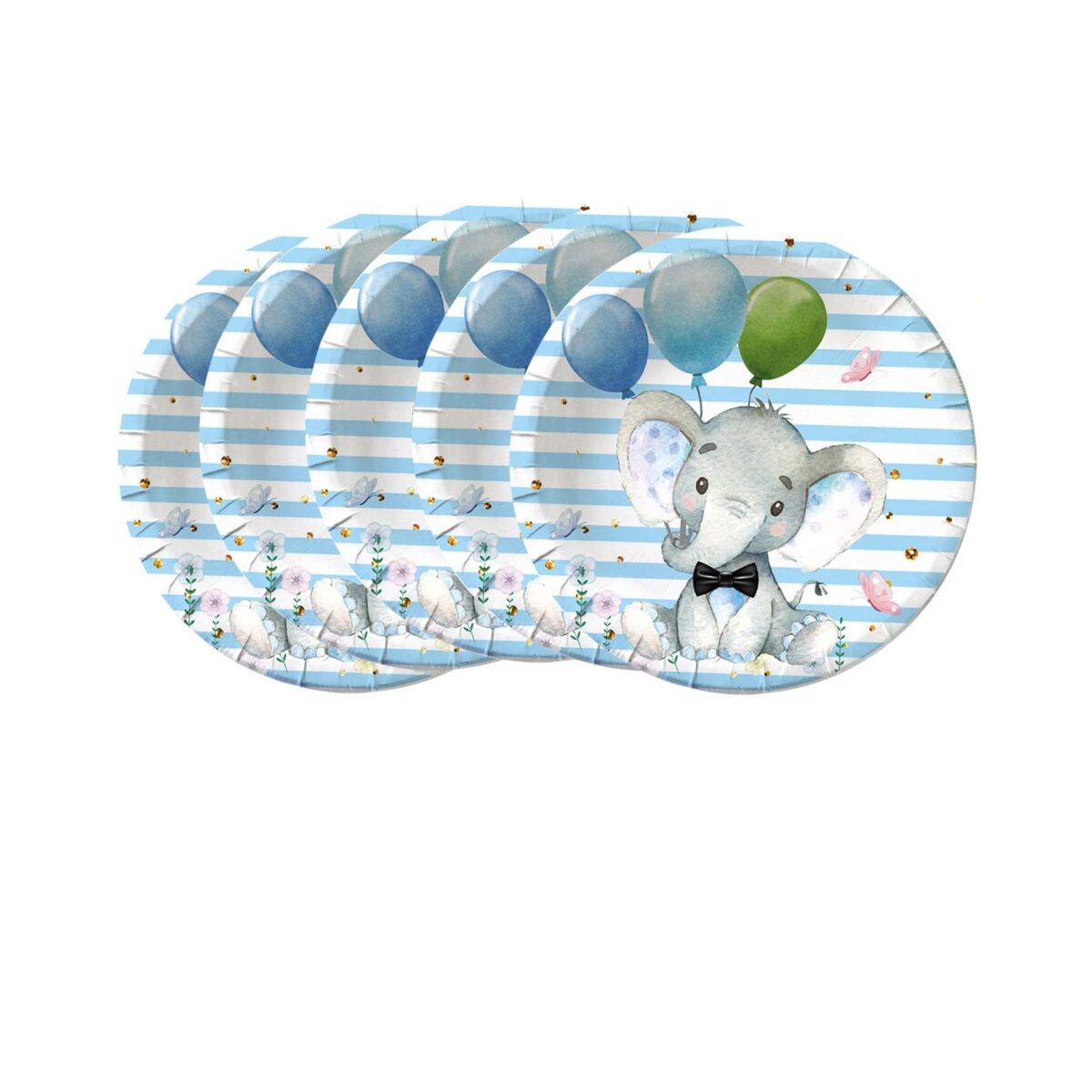 Set 10 Farfurii Unica Folosinta, Embo, Imprimeu Elefant, din Carton, 17 cm, Albastru - imagine 4