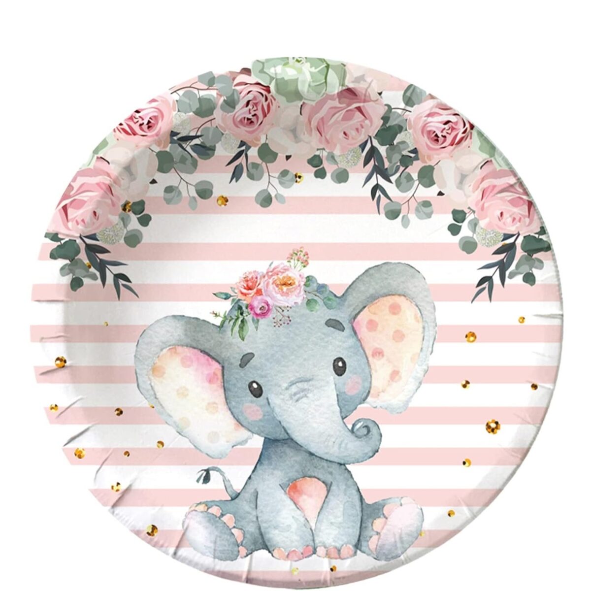 Set 10 Farfurii Unica Folosinta, Embo, Imprimeu Elefant, din Carton, 17 cm, Roz - imagine 3