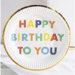 Set 10 Farfurii Unica Folosinta, Embo, Imprimeu Happy Birthday, din Carton, Diametru 18 cm, Alb - imagine 3