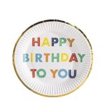Set 10 Farfurii Unica Folosinta, Embo, Imprimeu Happy Birthday, din Carton, Diametru 18 cm, Alb