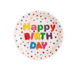 Set 10 Farfurii Unica Folosinta, Embo, Imprimeu Happy Birthday, din Carton, Diametru 18 cm, Multicolor