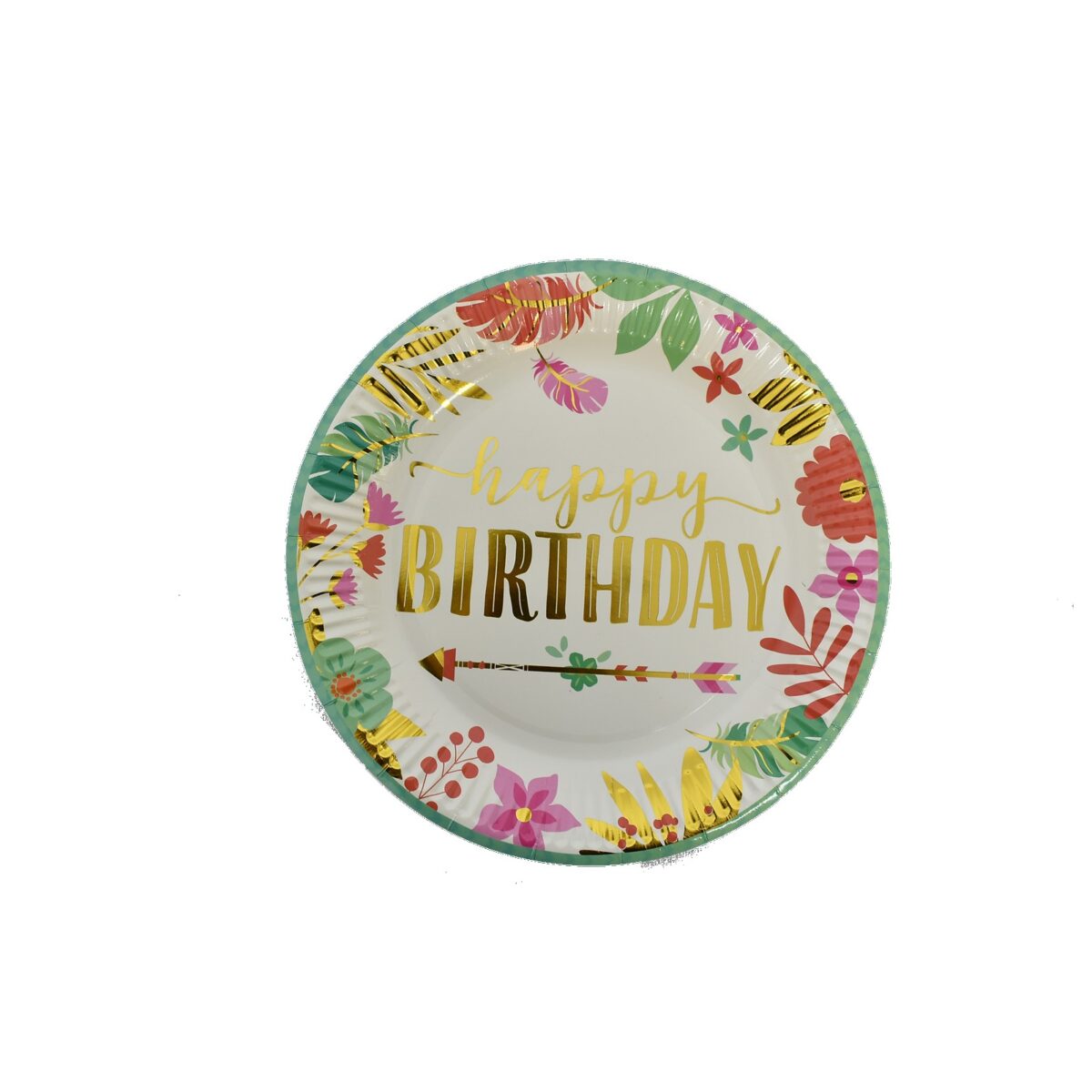 Set 10 Farfurii Unica Folosinta, Embo, Imprimeu Happy Birthday Frunze, din Carton, Diametru 18 cm, Multicolor - imagine 2