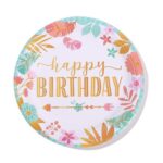 Set 10 Farfurii Unica Folosinta, Embo, Imprimeu Happy Birthday Frunze, din Carton, Diametru 18 cm, Multicolor