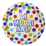 Set 10 Farfurii Unica Folosinta, Embo, Imprimeu La Multi Ani, din Carton, Diametru 17 cm, Multicolor