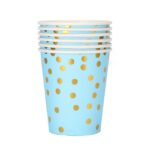 Set 10 Pahare, Embo, Imprimeu cu Buline, din Carton, 250 ml, 7.5 x 8.5 x 5.2 cm, Albastru/Auriu