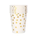 Set 10 Pahare, Embo, Imprimeu cu Buline, din Carton, 250 ml, 7.5 x 8.5 x 5.2 cm, Auriu