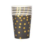 Set 10 Pahare, Embo, Imprimeu cu Buline, din Carton, 250 ml, 7 x 8.5 x 5 cm, Negru/Auriu