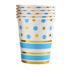 Set 10 Pahare, Embo, Imprimeu cu Buline si Dungi, din Carton, 250 ml, 7.5 x 8.5 x 5.2 cm, Albastru/Auriu