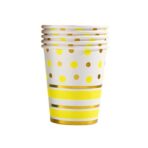 Set 10 Pahare, Embo, Imprimeu cu Buline si Dungi, din Carton, 250 ml, 7.5 x 8.5 x 5.2 cm, Galben/Auriu