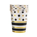 Set 10 Pahare, Embo, Imprimeu cu Buline si Dungi, din Carton, 250 ml, 7.5 x 8.5 x 5.2 cm, Negru/Auriu