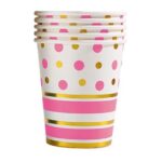 Set 10 Pahare, Embo, Imprimeu cu Buline si Dungi, din Carton, 250 ml, 7.5 x 8.5 x 5.2 cm, Roz/Auriu
