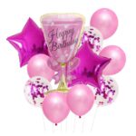 Set baloane Happy Birthday, Embo, set din 11 bucati, Balon Pahar 93 cm, 2 baloane stea 45 cm, 5 baloane latex 30 cm, 3 baloane cu paiete 30 cm, Mov