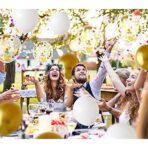Set 12 Baloane din Folie Metalizata si din Latex, Embo, Model Mr Mrs, Tema Nunta, Baloane Party cu Confetti, 45 cm, 30 cm, Pai inclus, Umflare cu Aer sau Heliu, Alb/Auriu - imagine 2