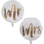 Set 12 Baloane din Folie Metalizata si din Latex, Embo, Model Mr Mrs, Tema Nunta, Baloane Party cu Confetti, 45 cm, 30 cm, Pai inclus, Umflare cu Aer sau Heliu, Alb/Auriu